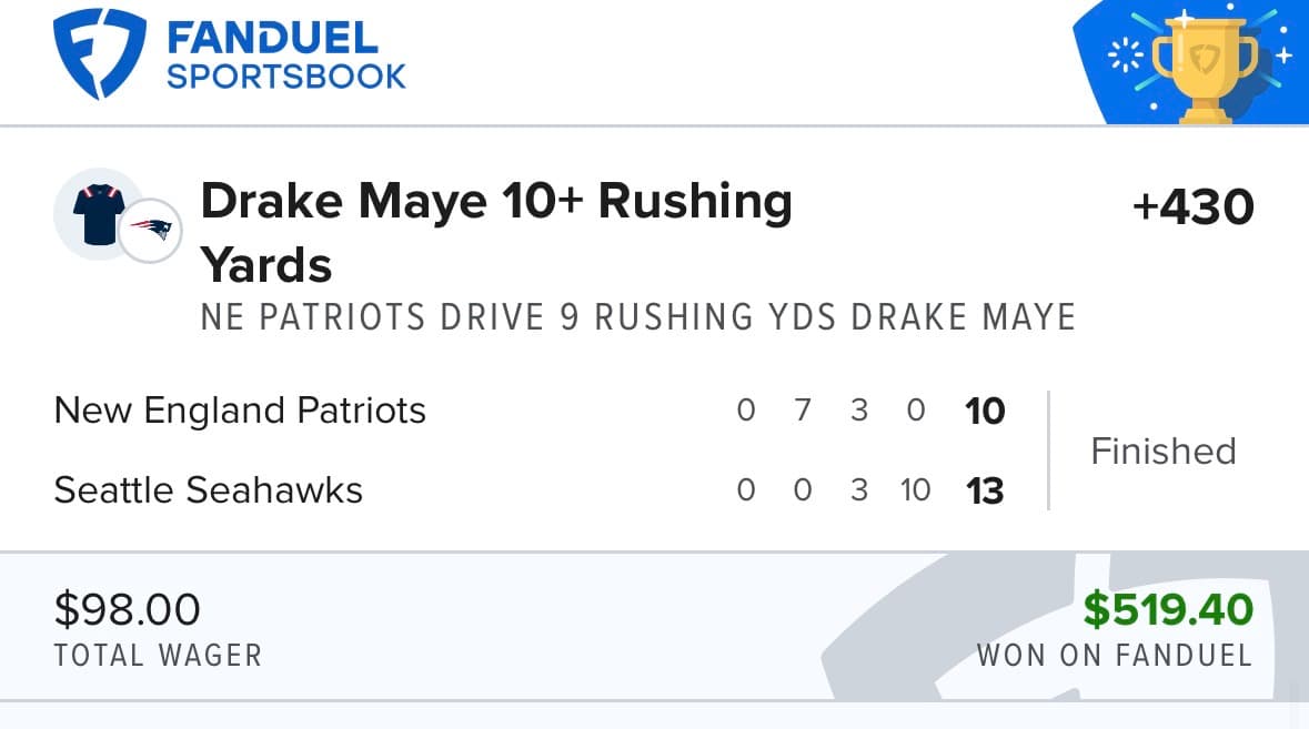 FanDuel winning bet โ Drake Maye 10+ rushing yards +430, $98 returned $519.40