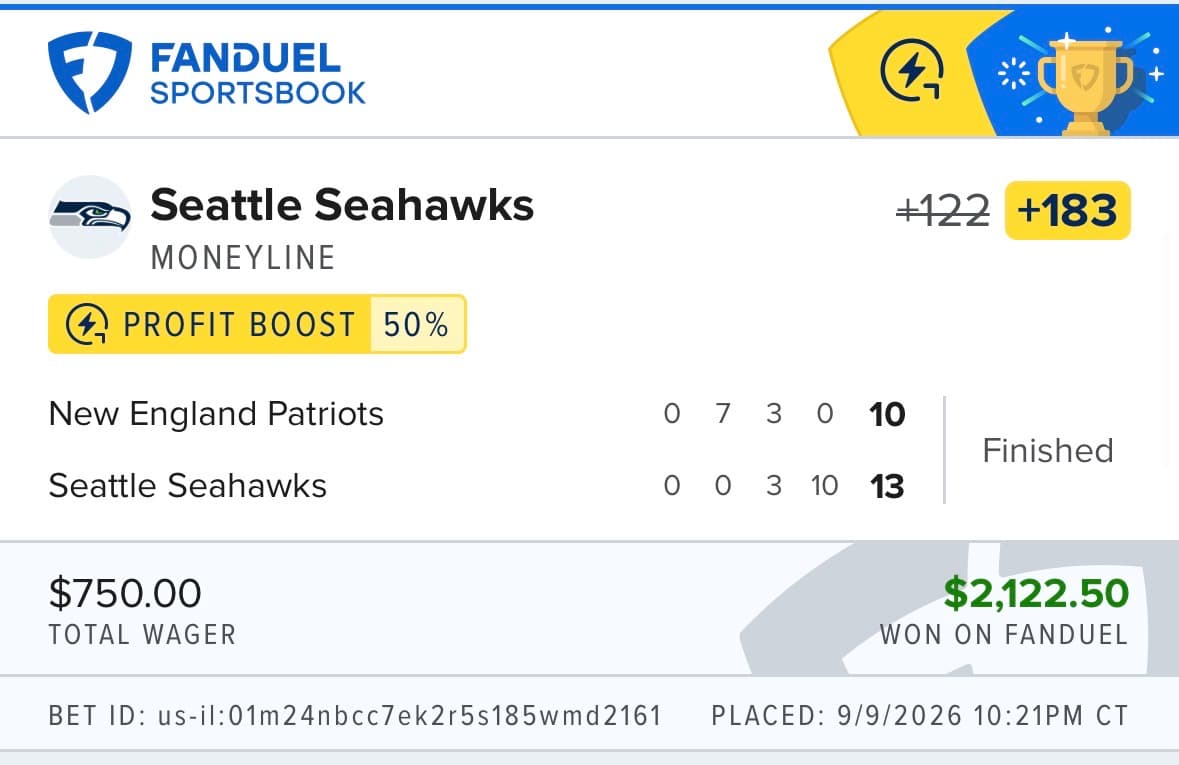 FanDuel winning bet β Seattle Seahawks moneyline +183, $750 returned $2,122.50