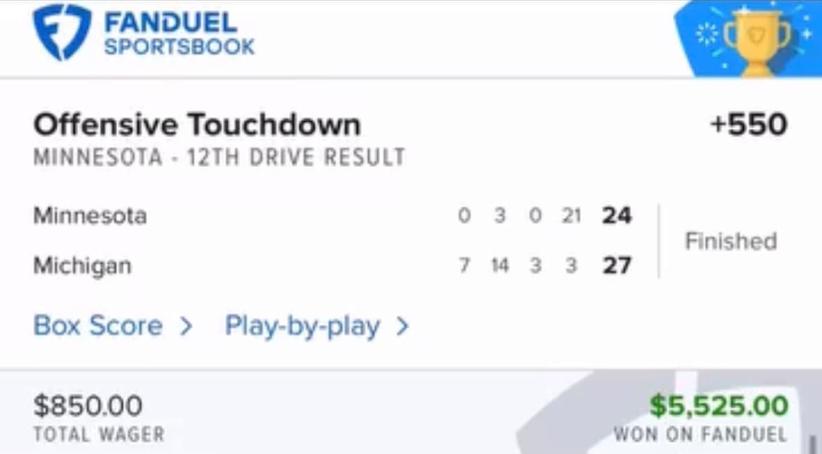 Verified $15,000 winning bet on FanDuel - Cardinals drive result at +1900 odds