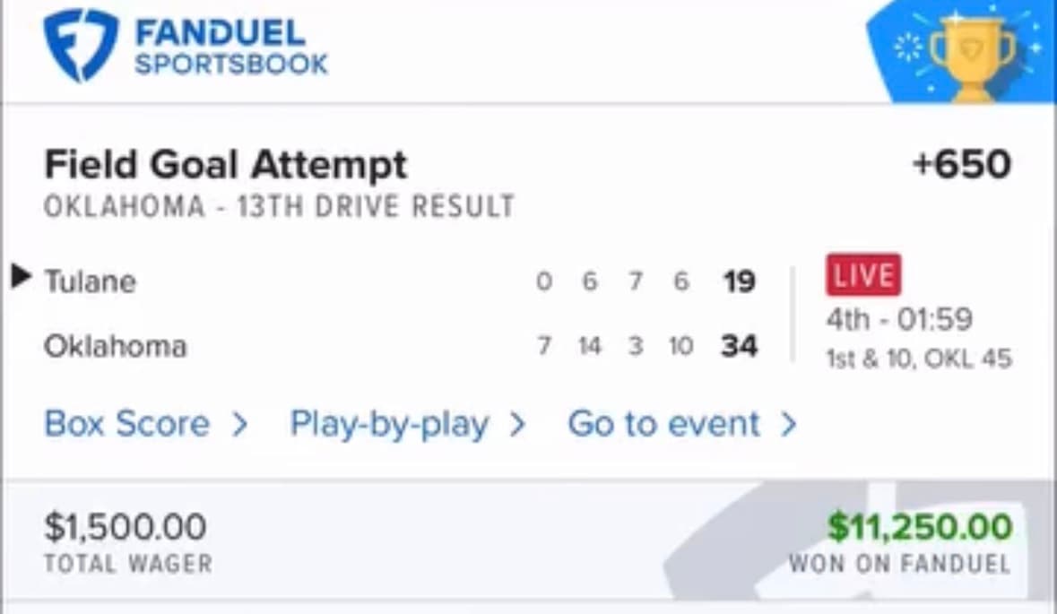 FanDuel winning bet screenshot