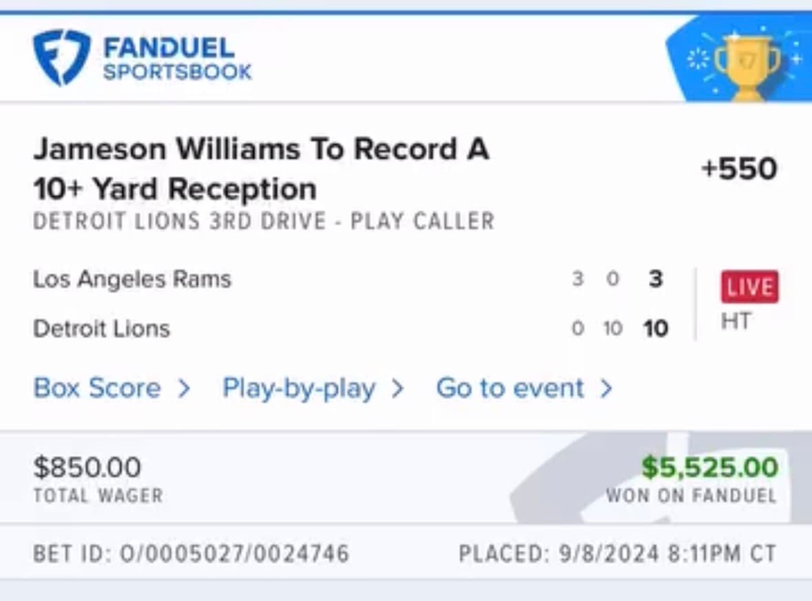 Sportsbook winning bet screenshot