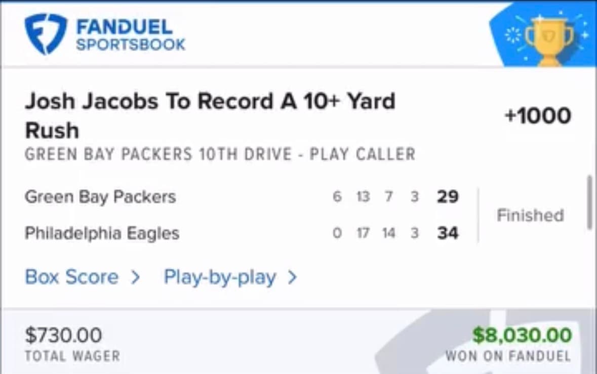 Sportsbook winning bet screenshot