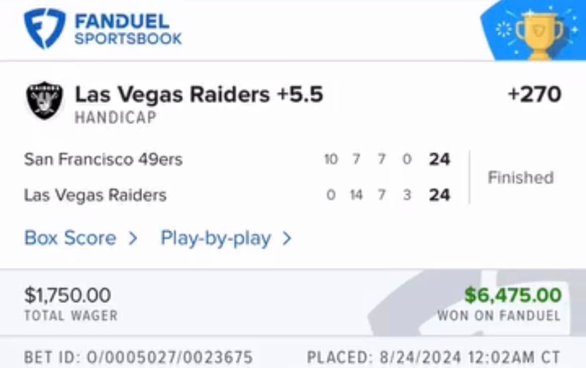 Sportsbook winning bet screenshot