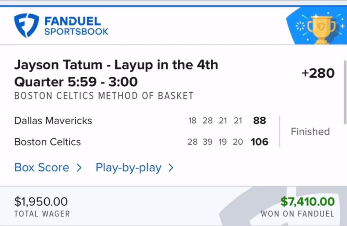 Sportsbook winning bet screenshot