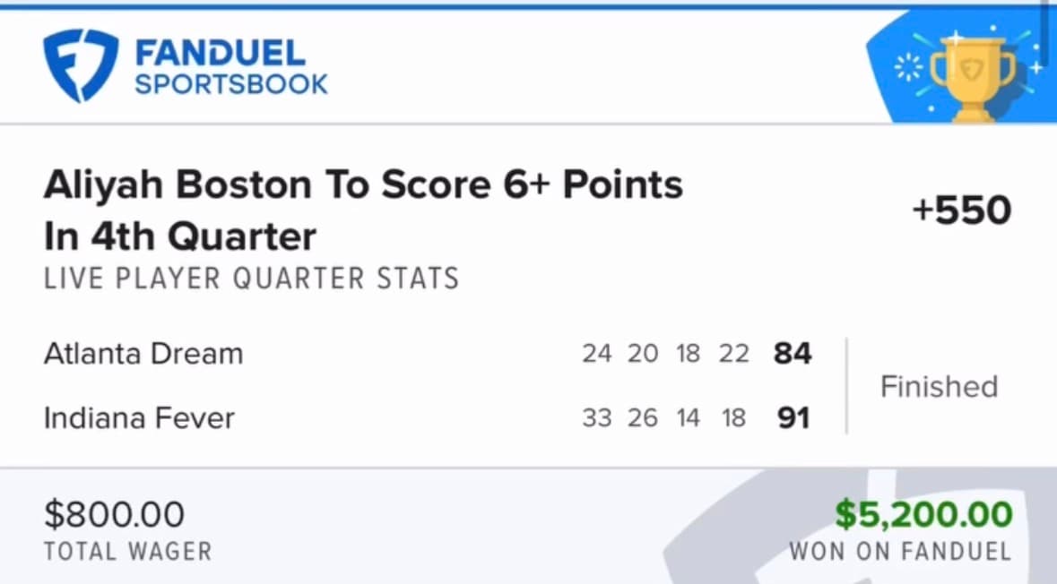 Sportsbook winning bet screenshot