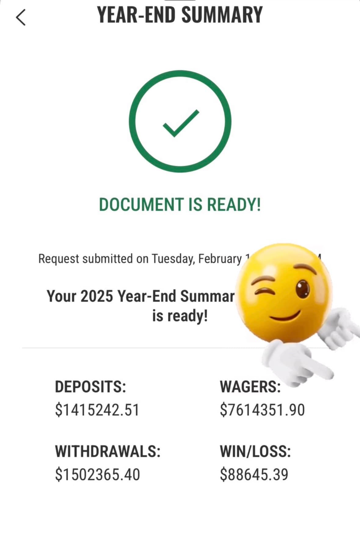 Caesars 2025 year-end summary - $7.6M wagered, $88,645.39 net profit