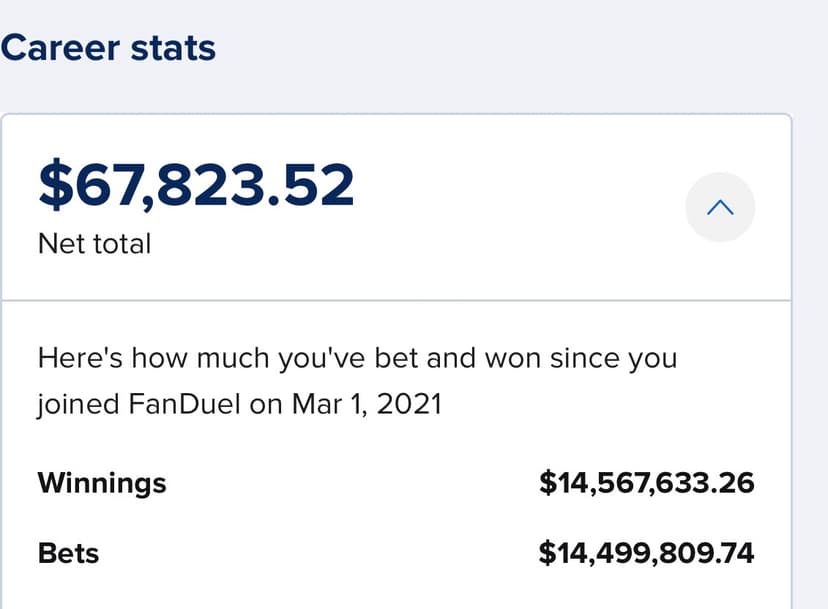 FanDuel career betting statement showing $14.5M wagered and $67,823 lifetime net profit including New England Patriots live in-game rebuild-arc alternate spread wagering before sportsbook-enforced limitation