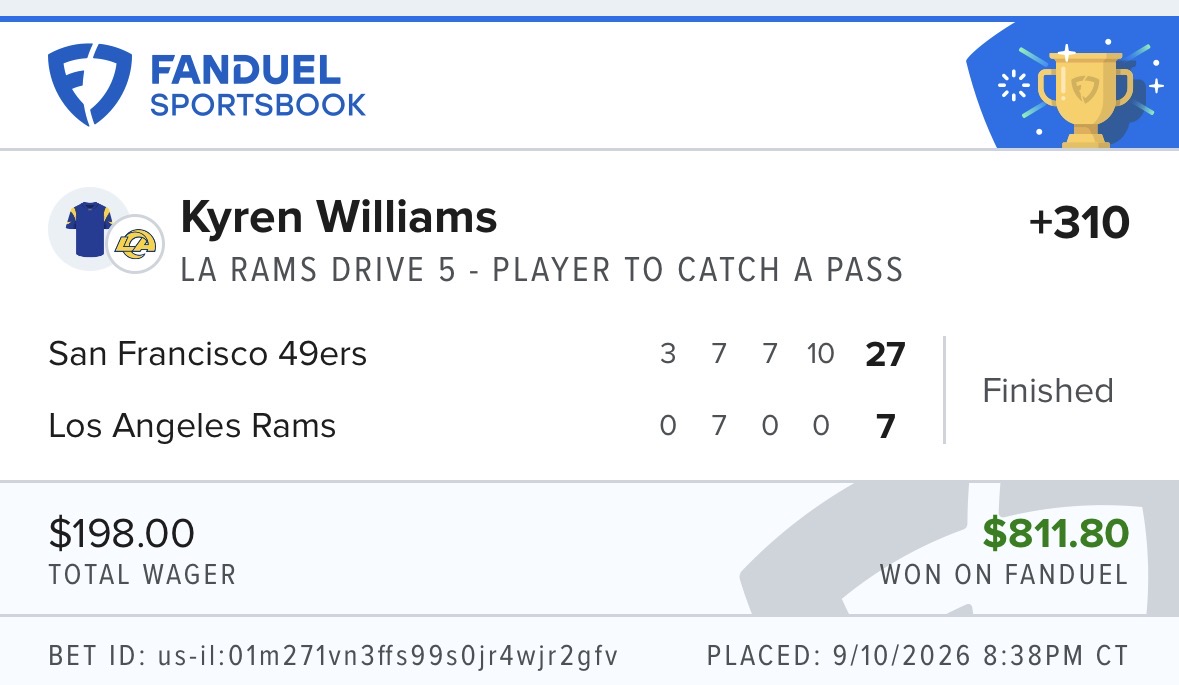 Winning live in-game NFL wager on a Kyren Williams reception