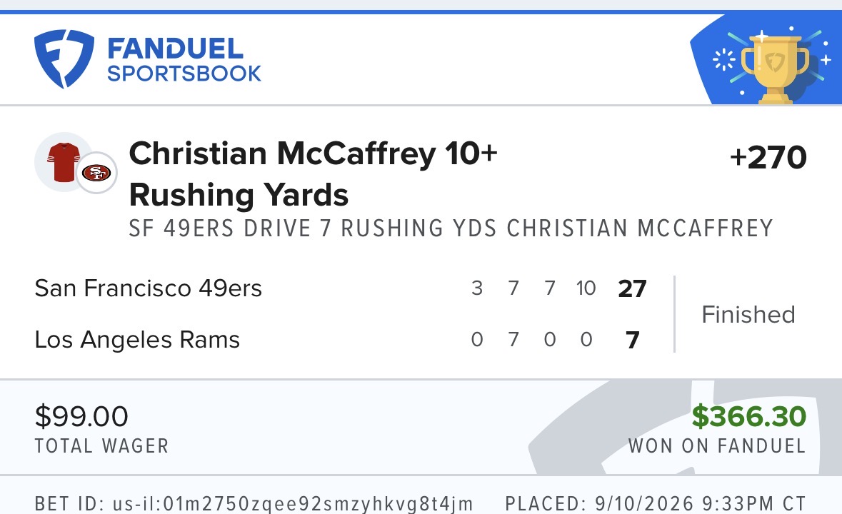 Winning live in-game NFL wager on a McCaffrey rushing attempt