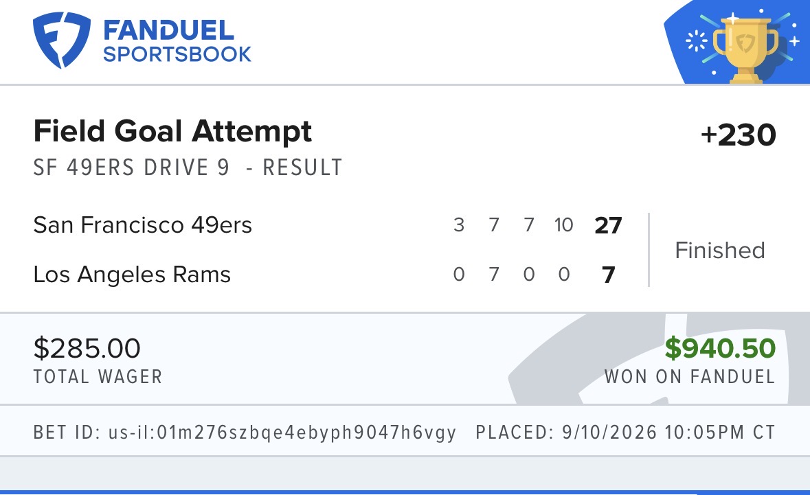 Winning live in-game NFL field goal wager