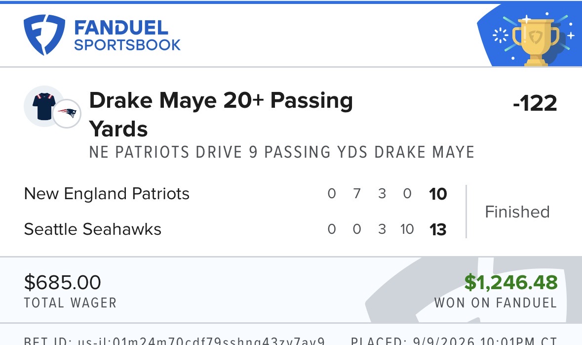 Live in-game passing prop ticket from the NFL season opener