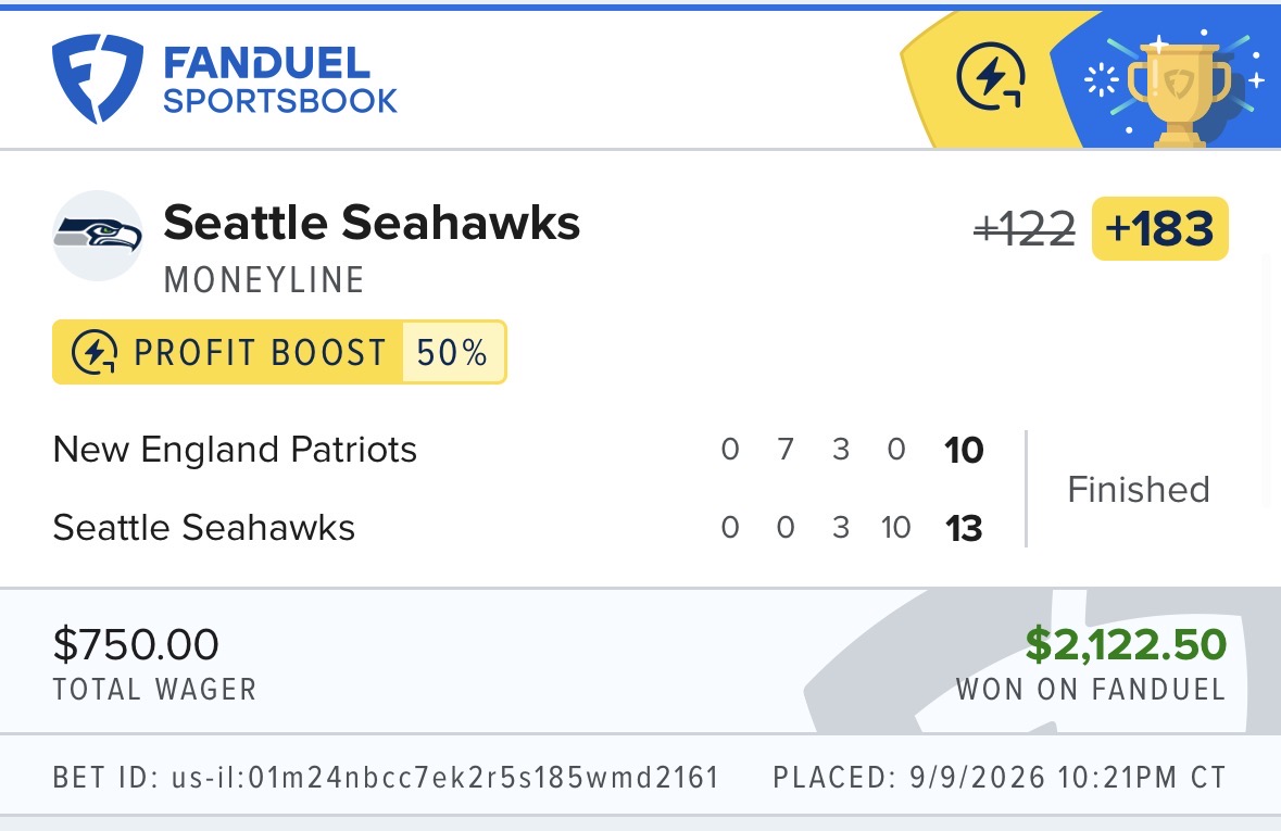 FanDuel winning bet — Seattle Seahawks live moneyline, $750 returned $2,122.50
