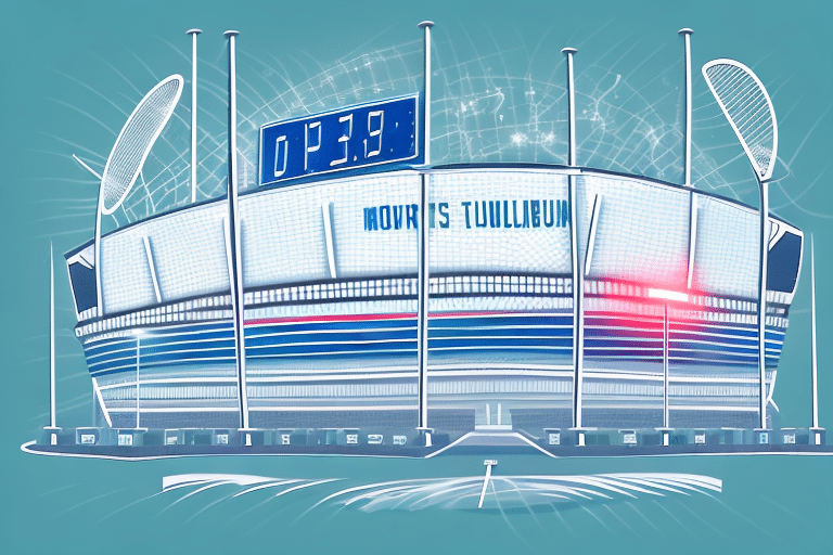 A sports stadium with a scoreboard in the background