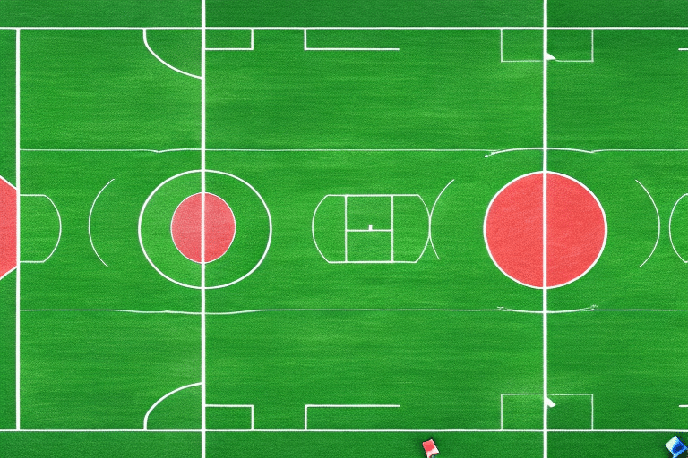 A football field with different colored flags planted in strategic positions