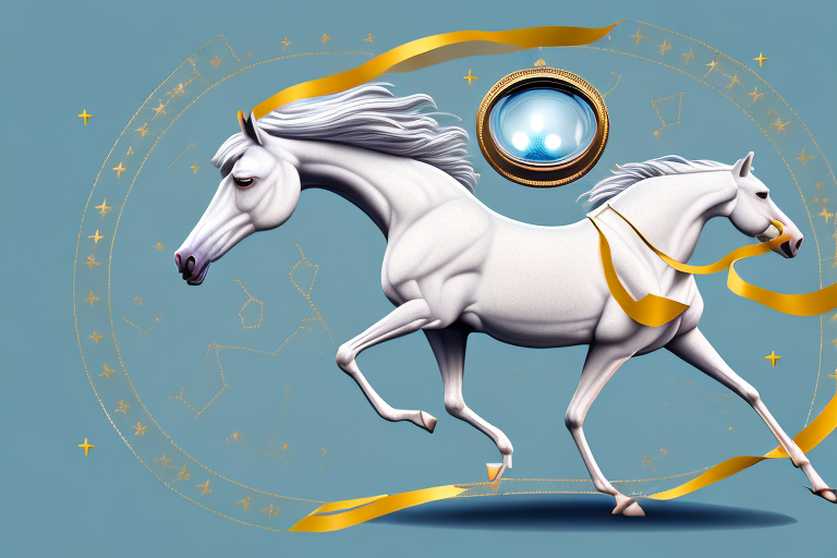 A horse crossing the finish line with a triumphant aura