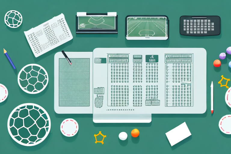 A football field with one side showing traditional handicapping tools like a magnifying glass